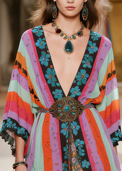 Boho Colorblock Print Side Open Chiffon Party Dress Summer - Image 2