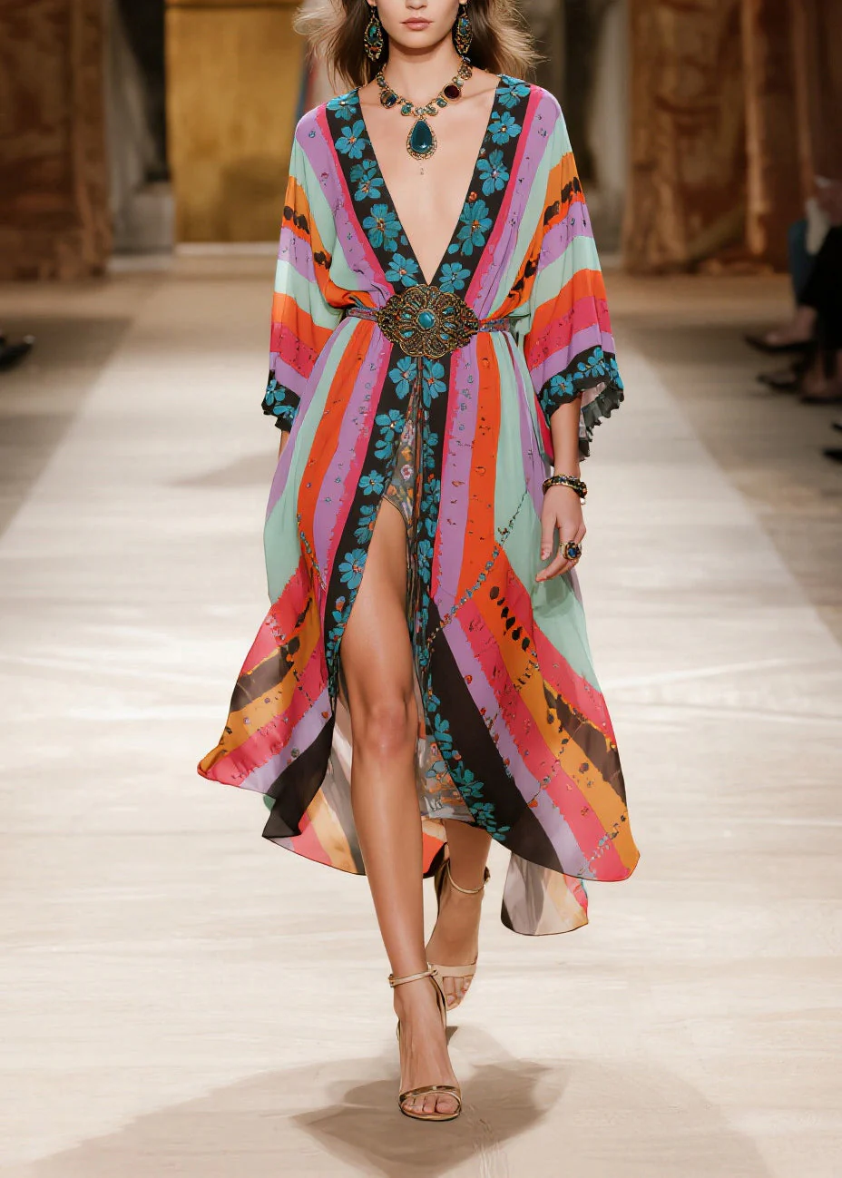 Boho Colorblock Print Side Open Chiffon Party Dress Summer - Image 3