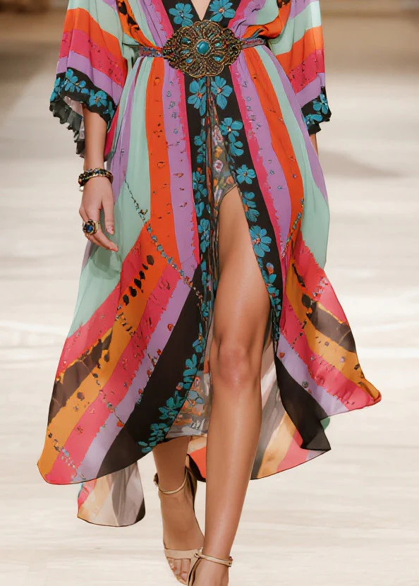 Boho Colorblock Print Side Open Chiffon Party Dress Summer - Image 4
