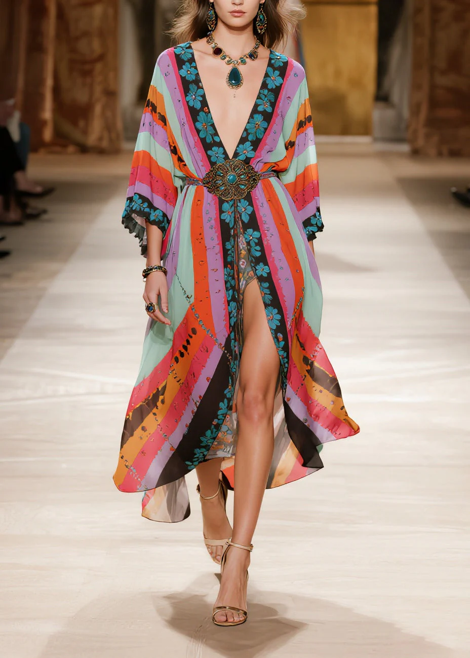 Boho Colorblock Print Side Open Chiffon Party Dress Summer - Image 5