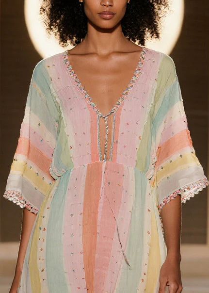 Boho Colorblock Striped Low High Design Cotton Dress Summer - Image 2
