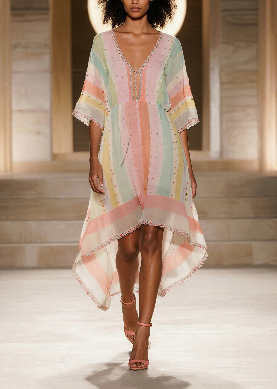 Boho Colorblock Striped Low High Design Cotton Dress Summer - Image 3