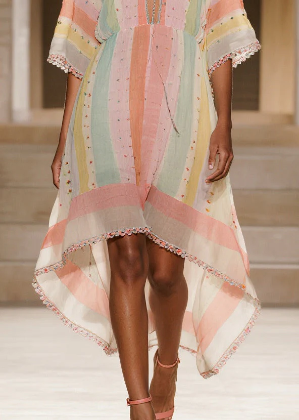 Boho Colorblock Striped Low High Design Cotton Dress Summer - Image 4