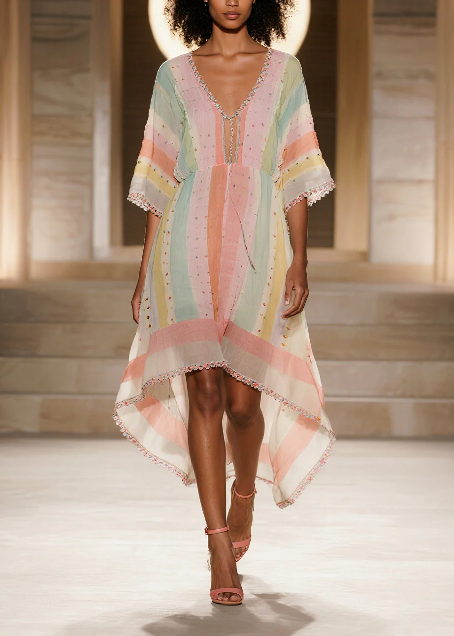 Boho Colorblock Striped Low High Design Cotton Dress Summer - Image 5