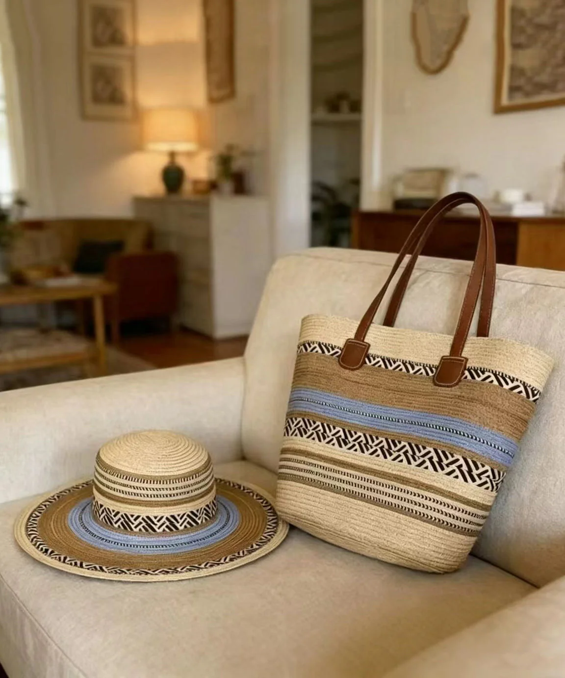 Boho Colorblock Striped Solid Durable Straw Woven Floppy Sun Hat And Shoulder Handbag Two Pieces Set Summer - Image 3