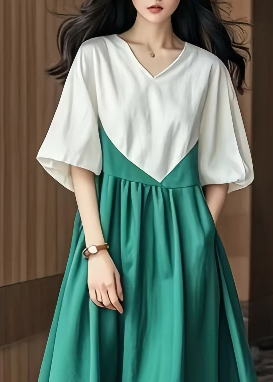 Boho Colorblock V Neck Patchwork Cotton Robe Dresses Lantern Sleeve - Image 2