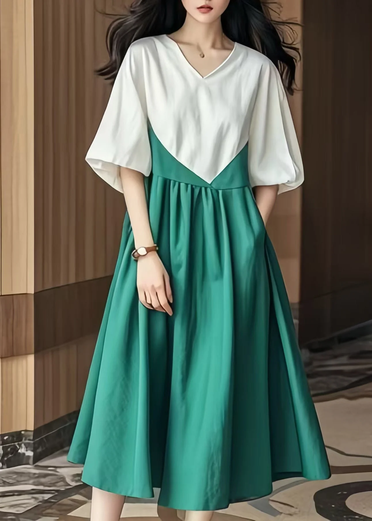 Boho Colorblock V Neck Patchwork Cotton Robe Dresses Lantern Sleeve - Image 3