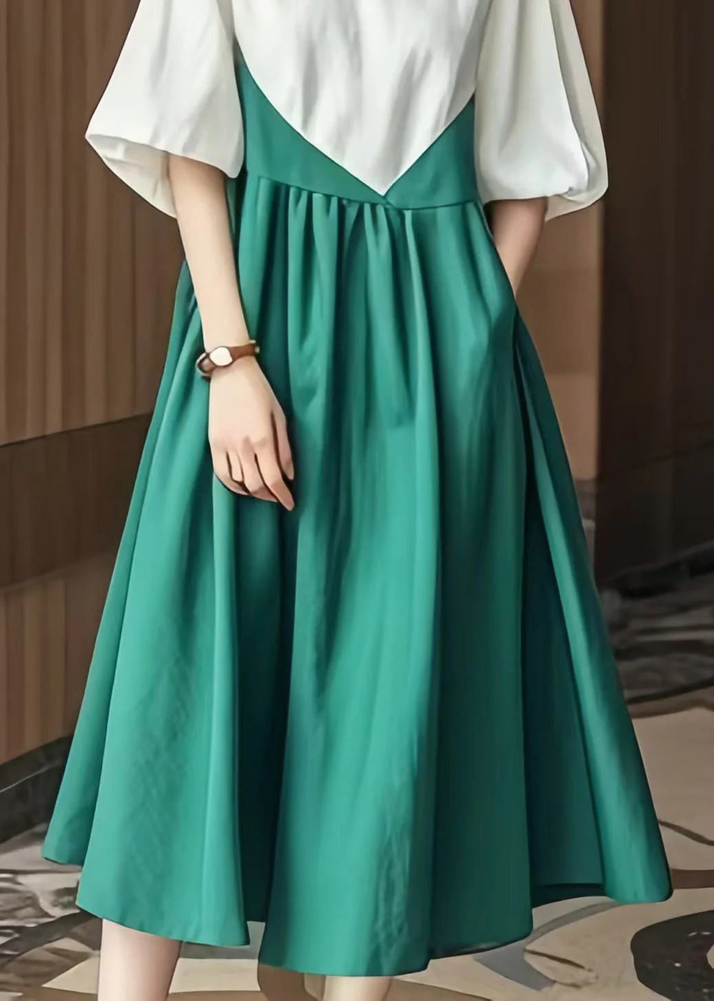 Boho Colorblock V Neck Patchwork Cotton Robe Dresses Lantern Sleeve - Image 4