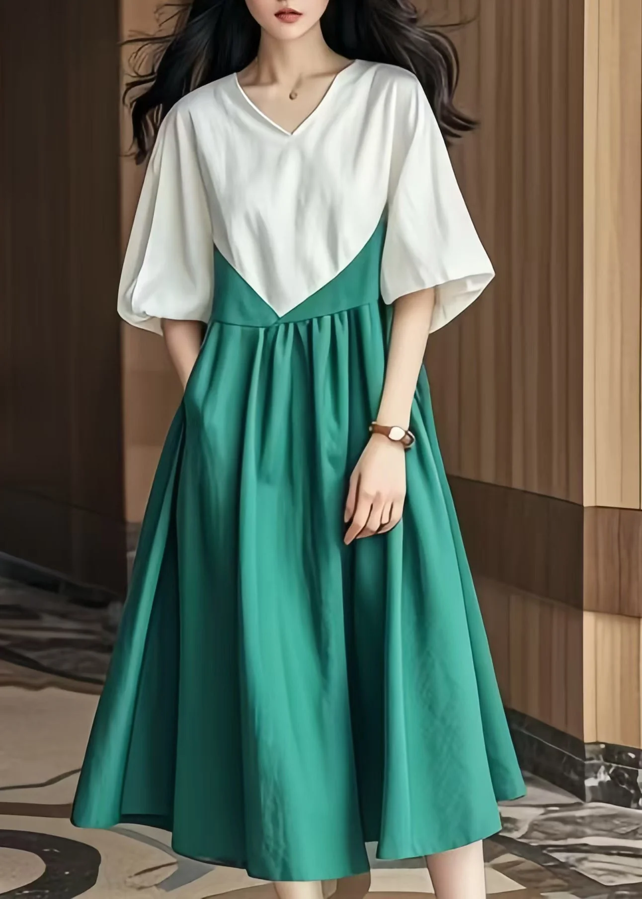 Boho Colorblock V Neck Patchwork Cotton Robe Dresses Lantern Sleeve - Image 5