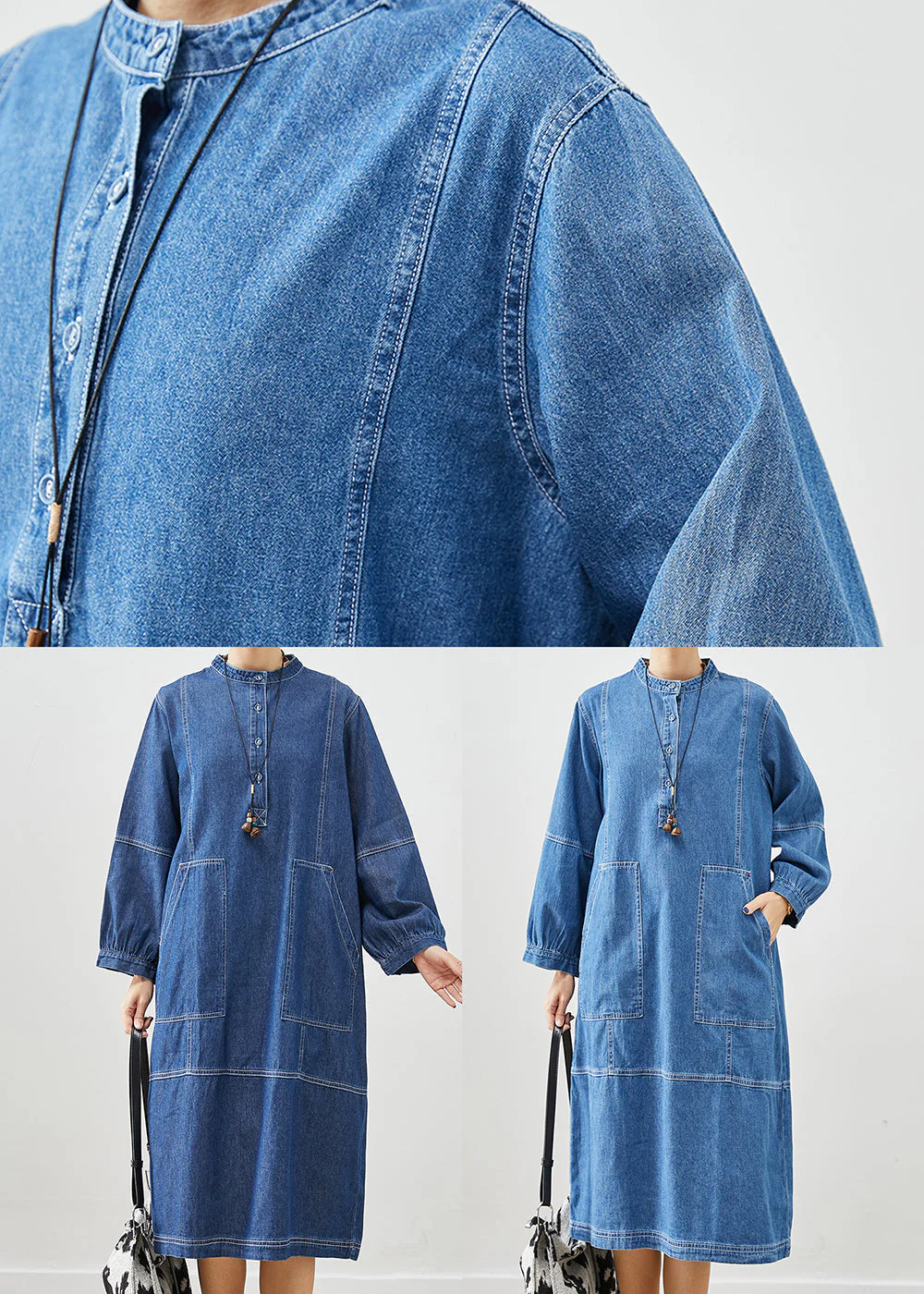 Boho Dark Blue Oversized Patchwork Cotton Vacation Dresses Fall - Image 5