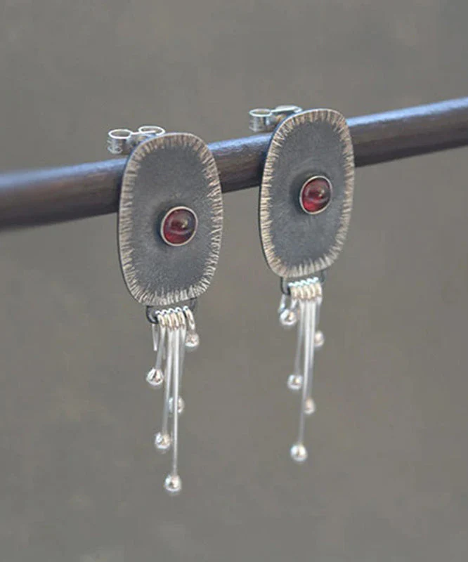 Boho Dark Grey Alloy Oval Gem Stone Tassel Drop Earrings - Image 2