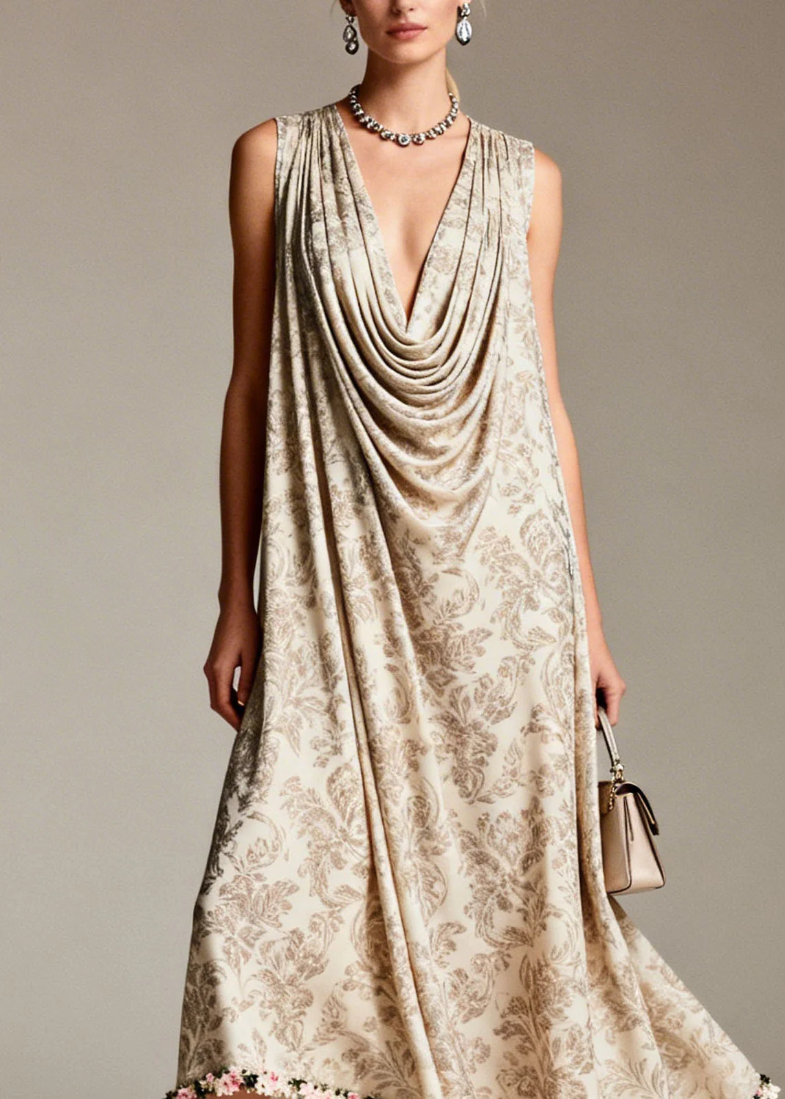 Boho Draped Neckline Asymmetrical Design Print Silk Dress Sleeveless - Image 2