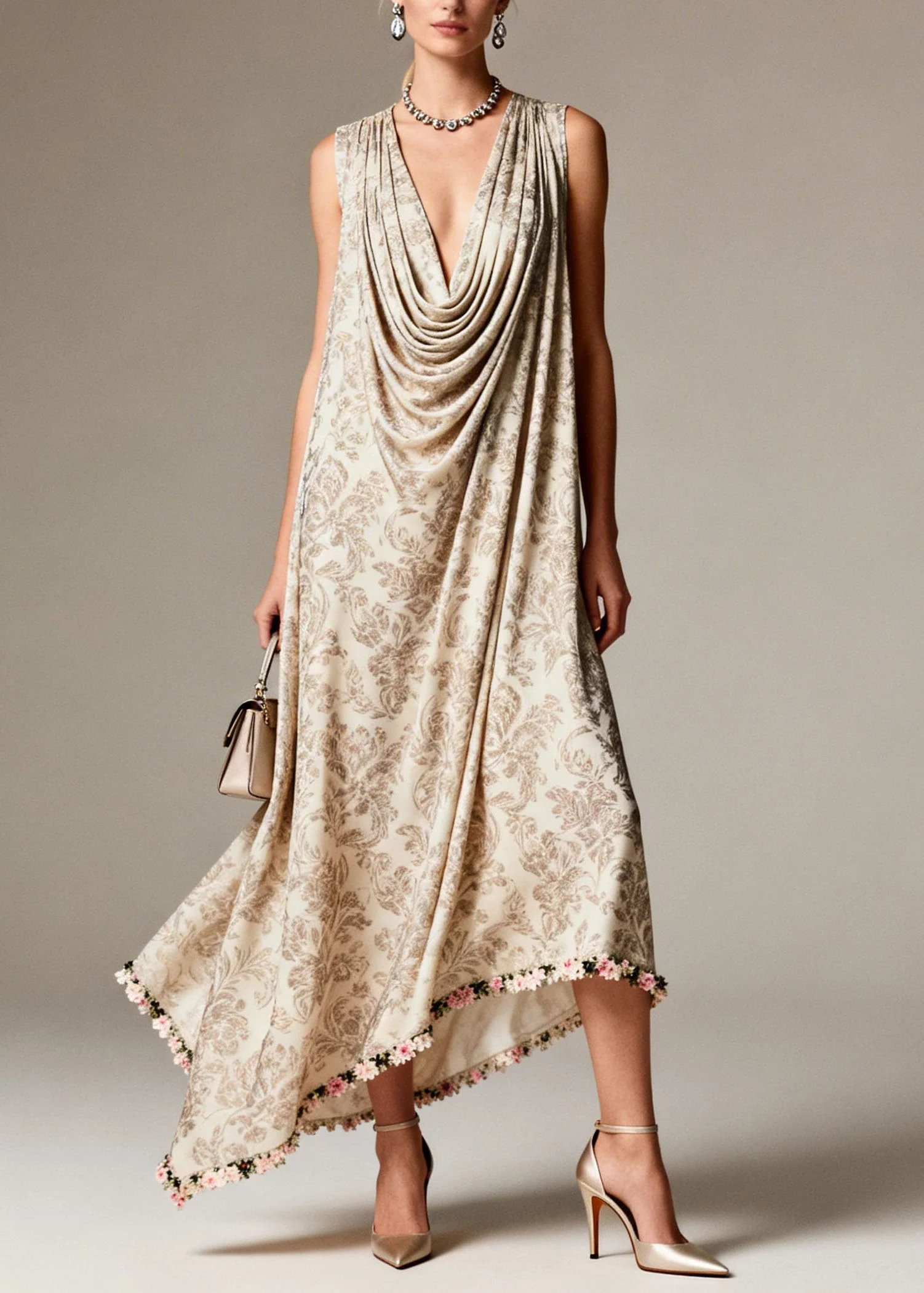 Boho Draped Neckline Asymmetrical Design Print Silk Dress Sleeveless - Image 3
