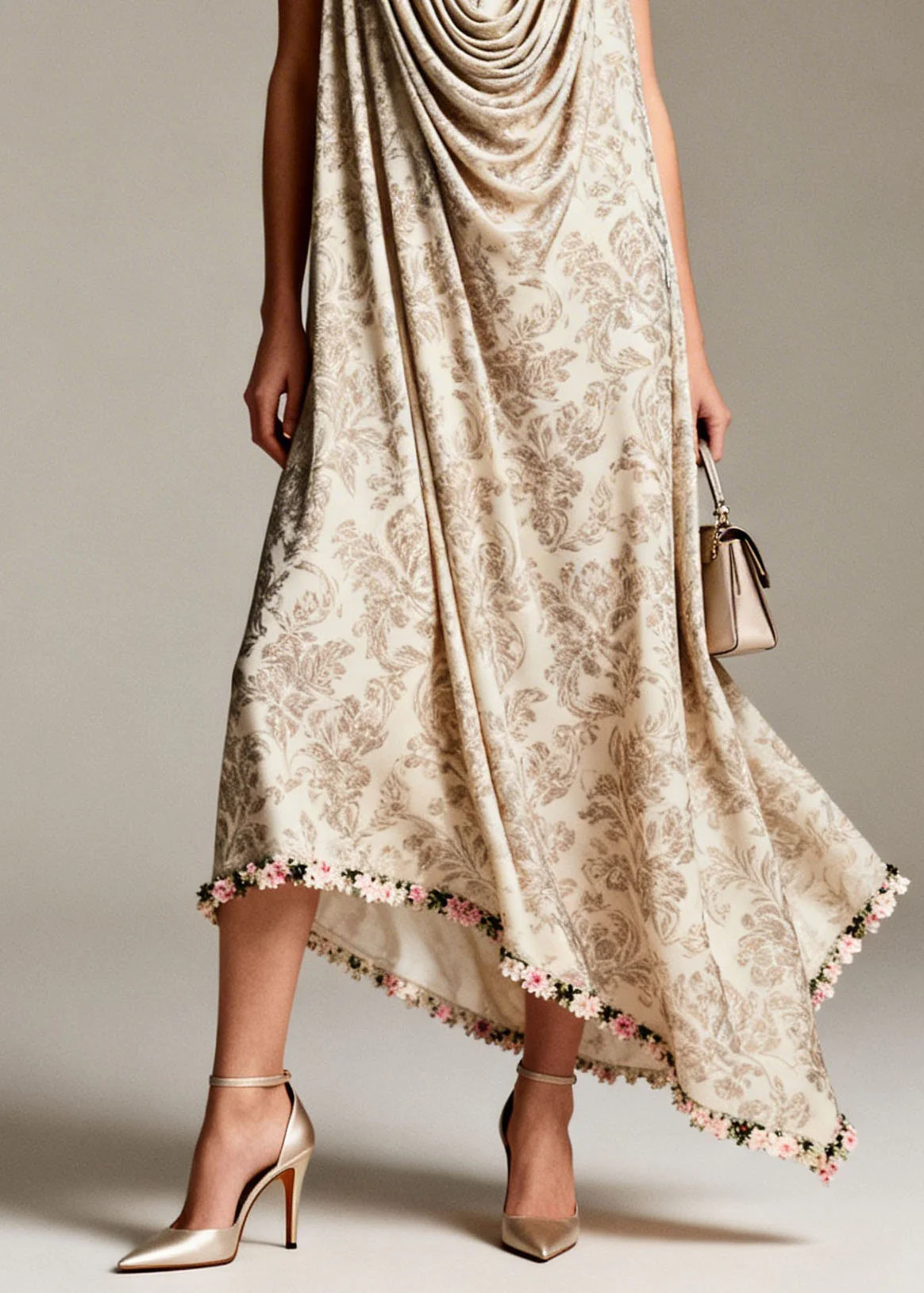 Boho Draped Neckline Asymmetrical Design Print Silk Dress Sleeveless - Image 4