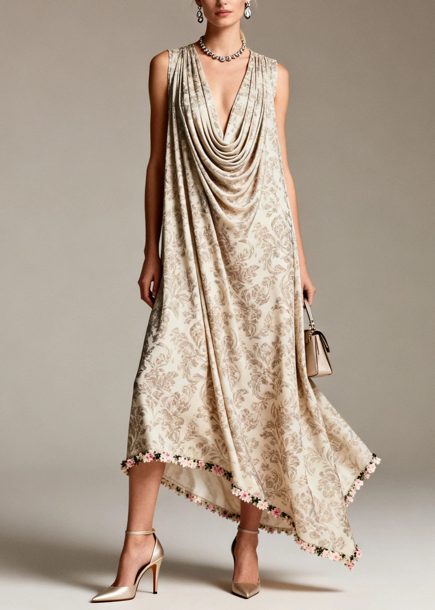Boho Draped Neckline Asymmetrical Design Print Silk Dress Sleeveless - Image 5