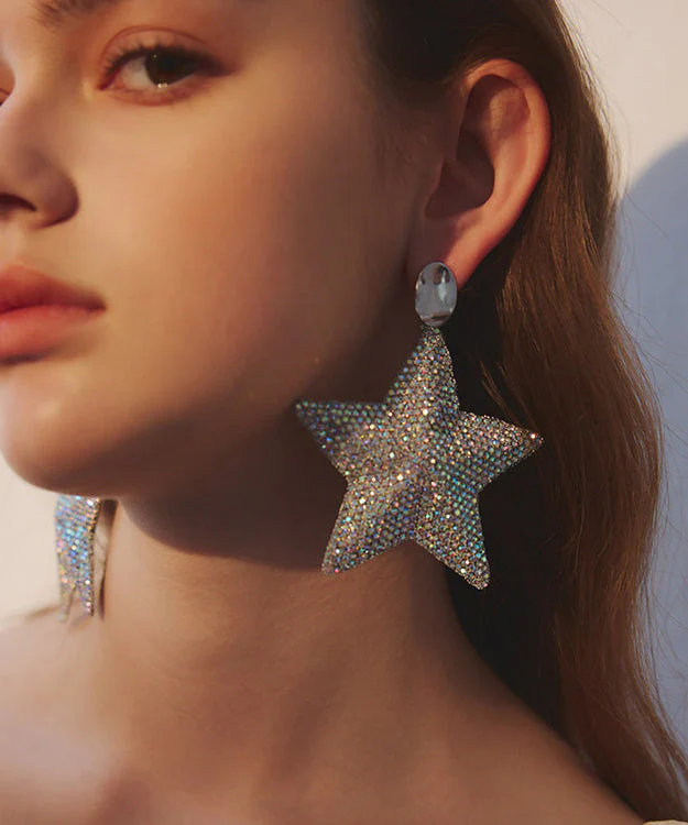 Boho Five Pointed Star Zircon Exaggeration Silver Plated Drop Earrings - Image 2