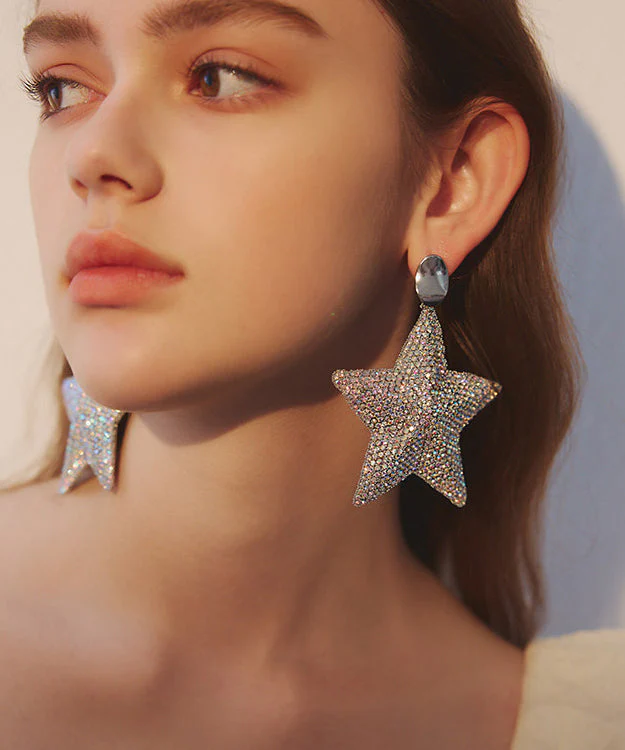Boho Five Pointed Star Zircon Exaggeration Silver Plated Drop Earrings - Image 3