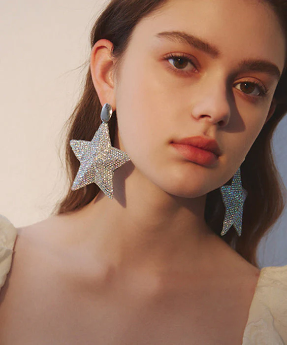 Boho Five Pointed Star Zircon Exaggeration Silver Plated Drop Earrings - Image 4
