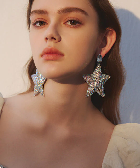 Boho Five Pointed Star Zircon Exaggeration Silver Plated Drop Earrings - Image 5