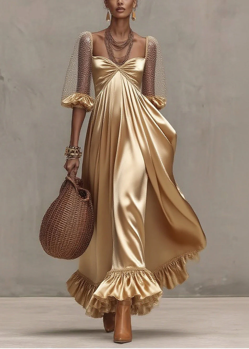 Boho Golden Exra Large Hem Patchwork Tulle Maxi Dresses Summer