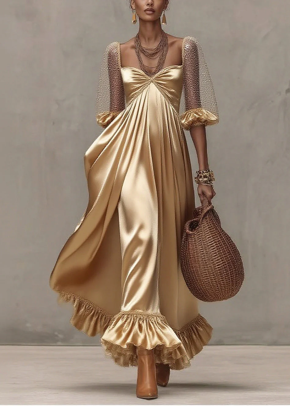 Boho Golden Exra Large Hem Patchwork Tulle Maxi Dresses Summer - Image 3