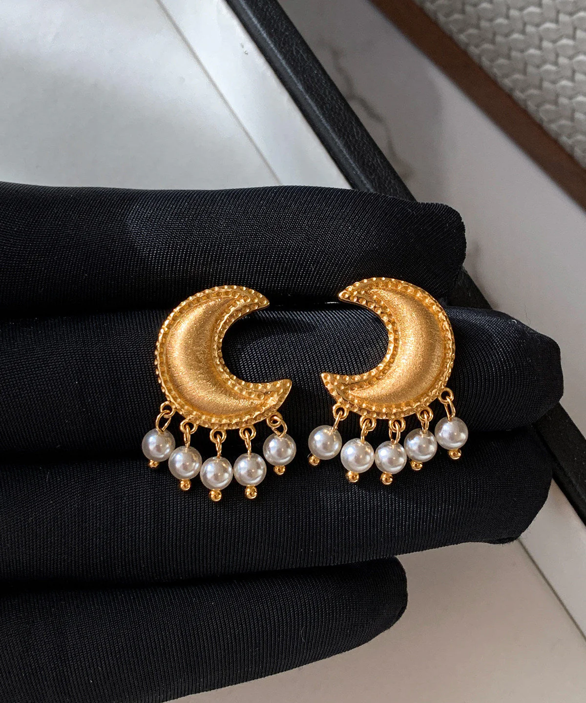 Boho Golden Moon Tasseled Pearl Drop Earrings - Image 5