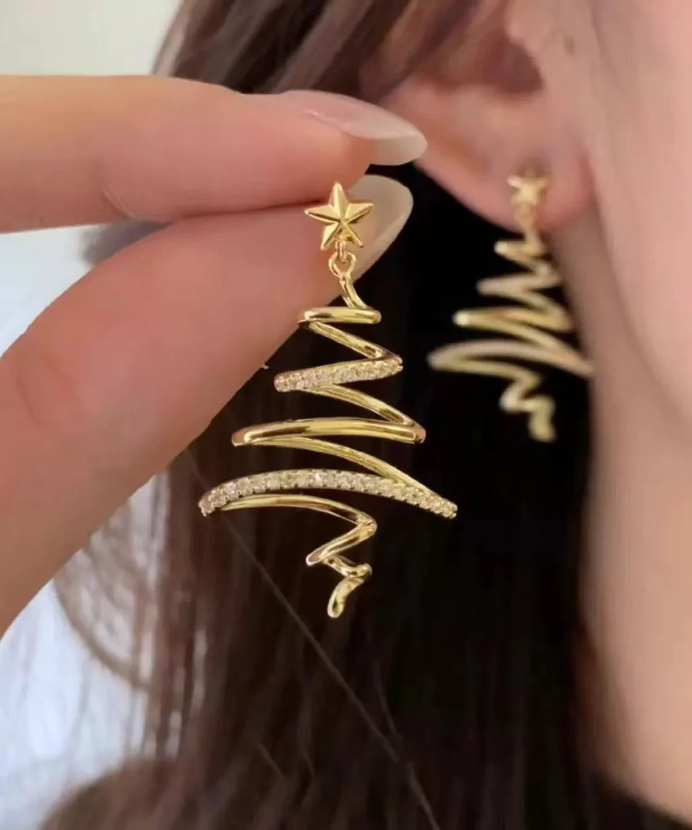 Boho Golden Starlight Christmas Tree Zircon Copper Drop Earrings