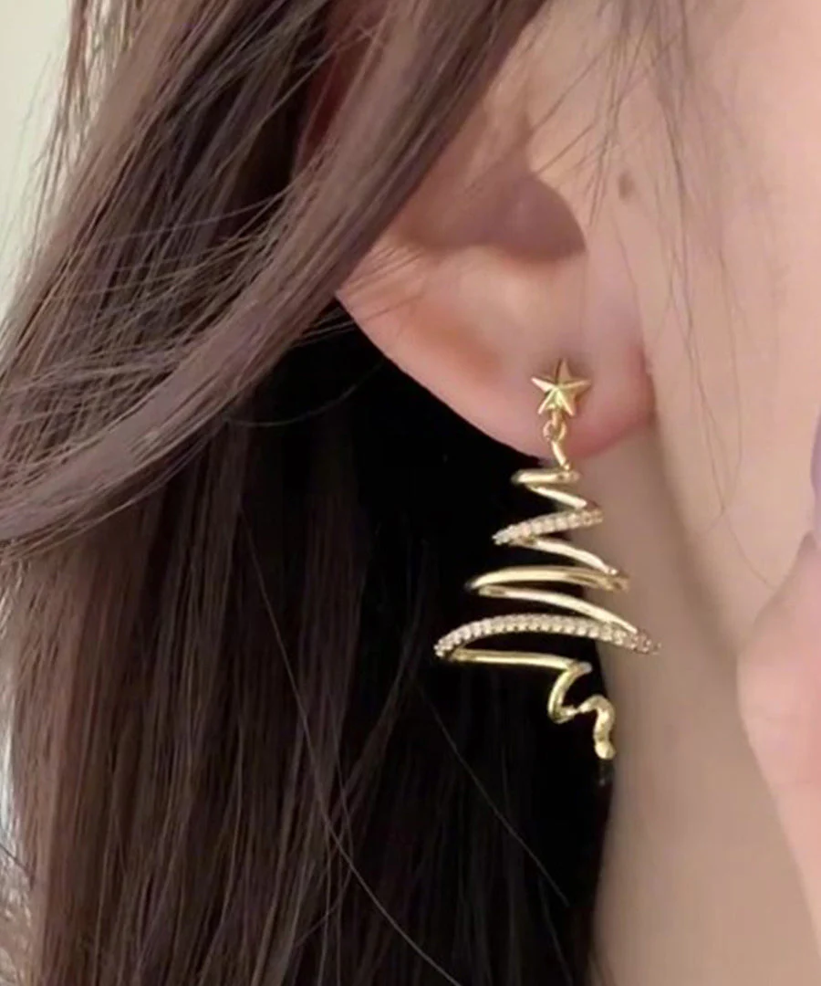 Boho Golden Starlight Christmas Tree Zircon Copper Drop Earrings - Image 2
