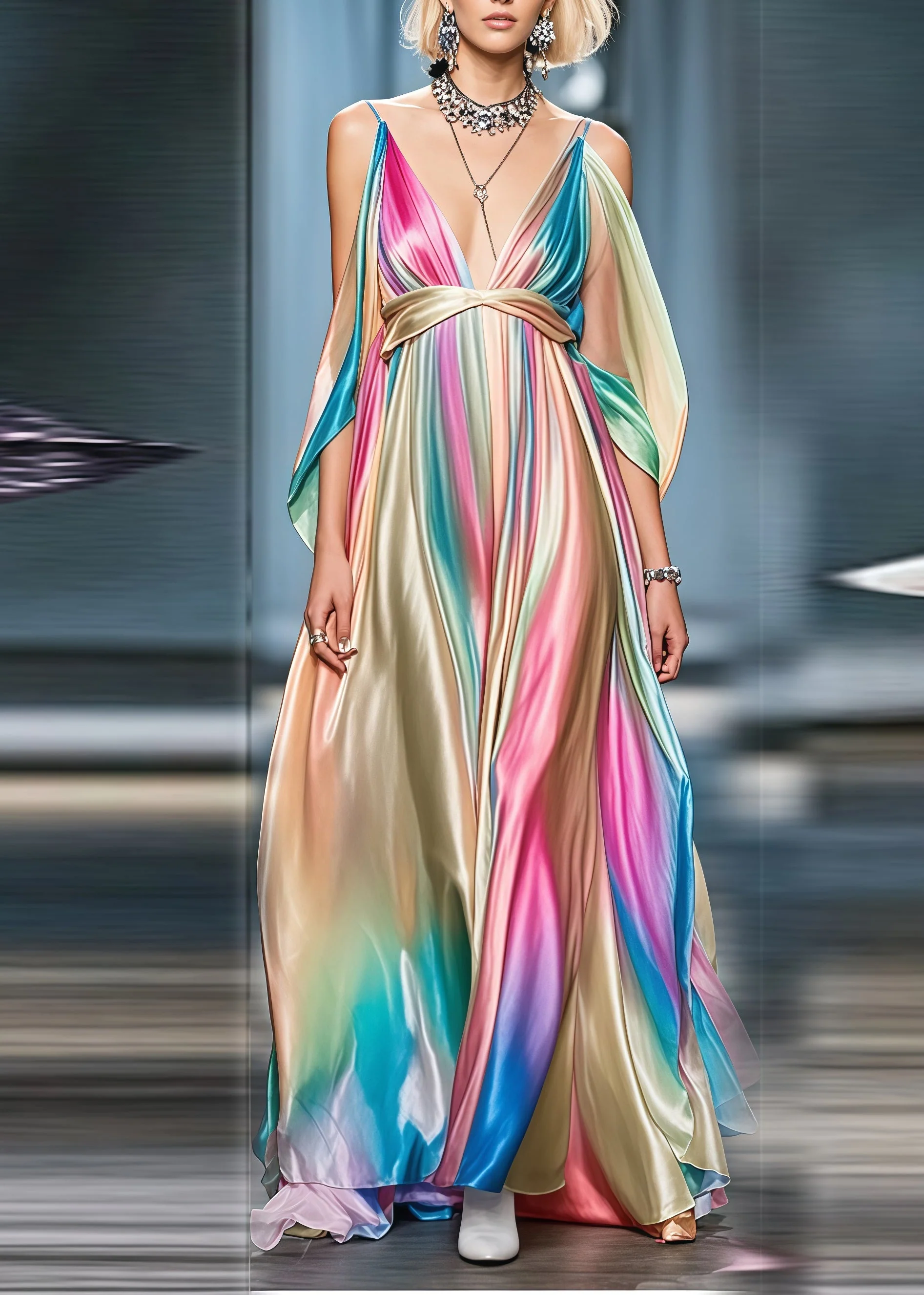 Boho Gradient Color Cold Shoulder Exra Large Hem Silk Party Dress Summer - Image 3