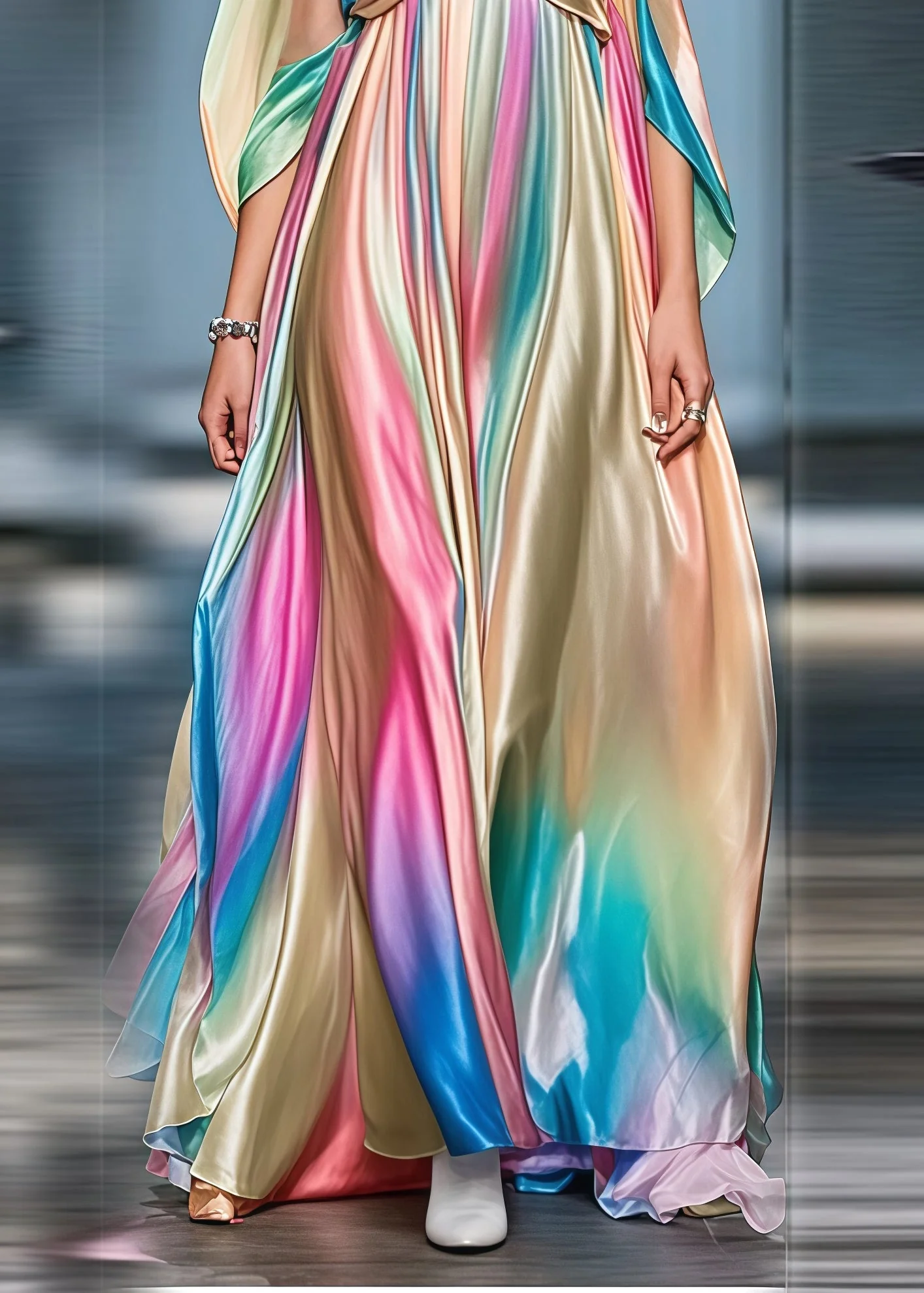Boho Gradient Color Cold Shoulder Exra Large Hem Silk Party Dress Summer - Image 4