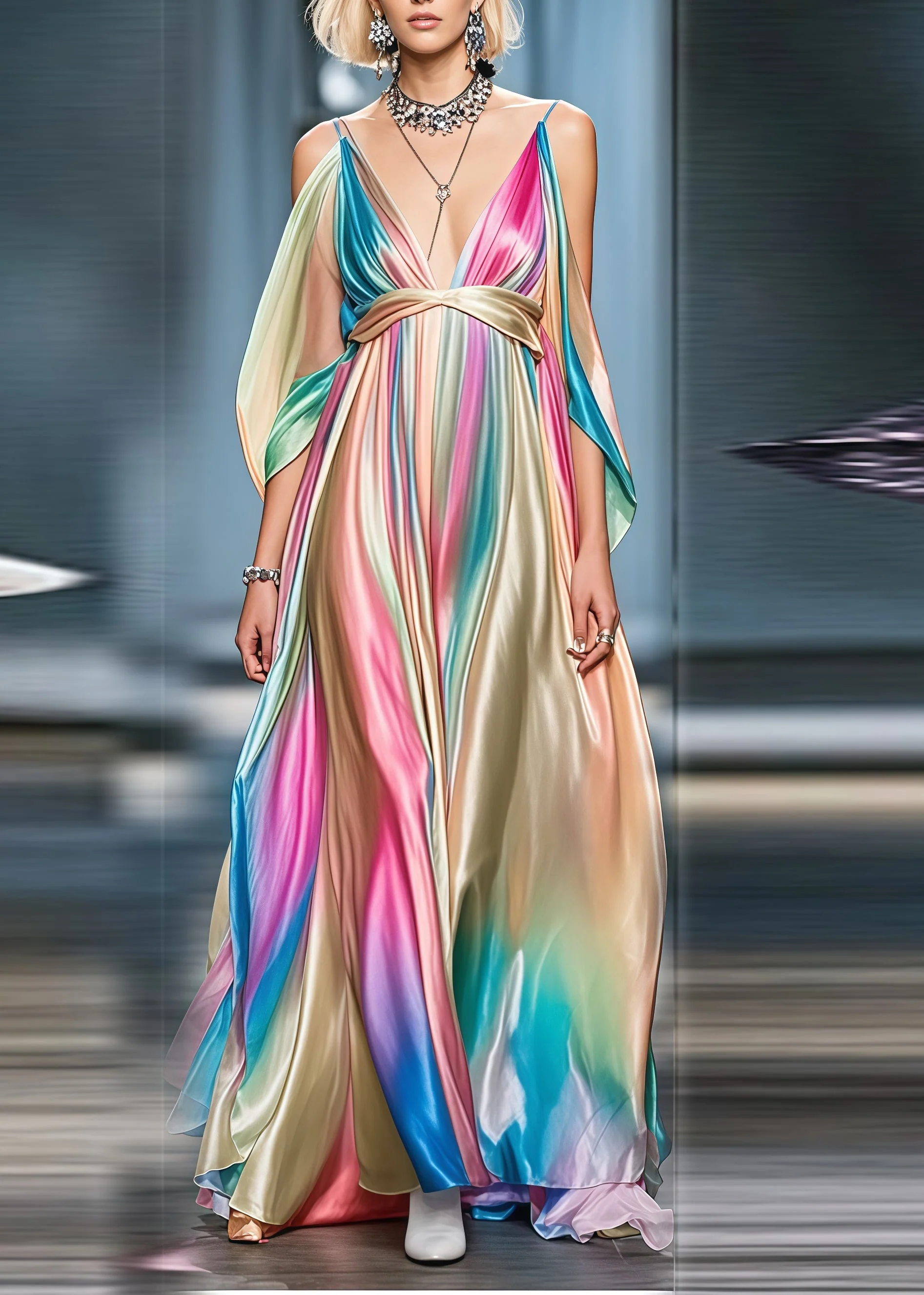 Boho Gradient Color Cold Shoulder Exra Large Hem Silk Party Dress Summer - Image 5