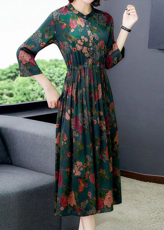 Boho Green Cinched Print Silk Dresses Bracelet Sleeve - Image 3
