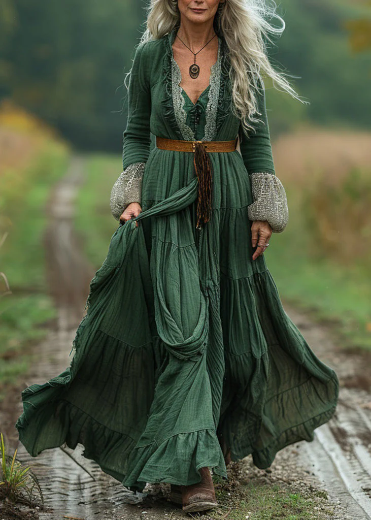 Boho Green Lace Wrinkled Patchwork Cotton Long Dress Spring - Image 5