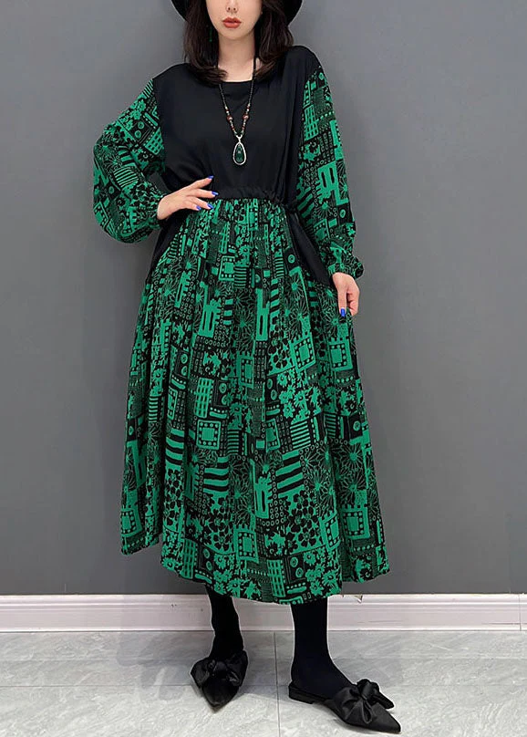 Boho Green O-Neck Patchwork Drawstring Cotton Maxi Dresses Fall - Image 2