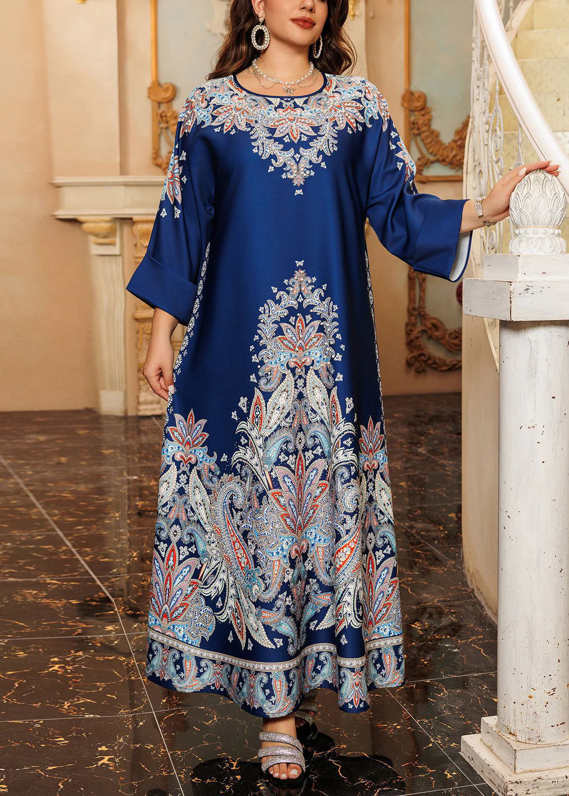 Boho Green O-Neck Print Cotton Long Dress Spring - Image 2