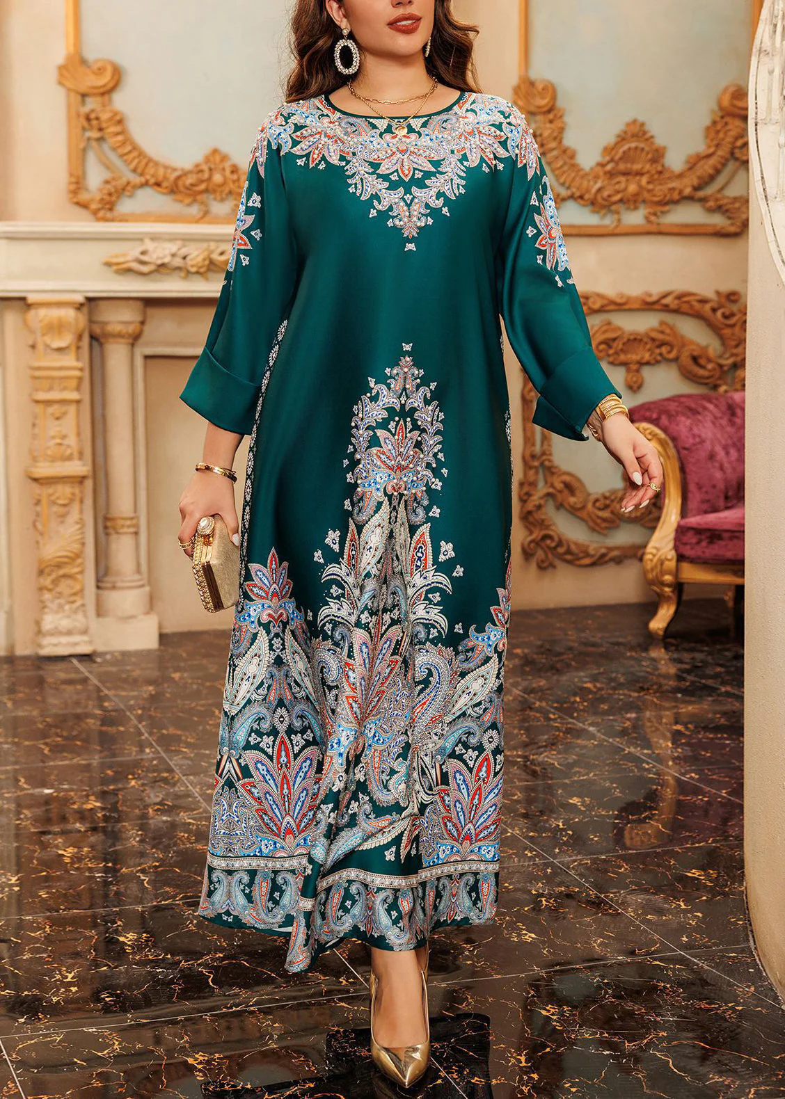 Boho Green O-Neck Print Cotton Long Dress Spring - Image 3
