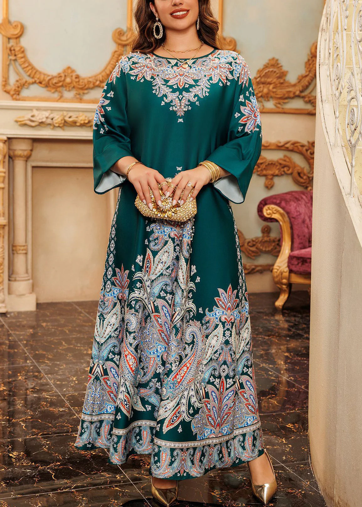 Boho Green O-Neck Print Cotton Long Dress Spring - Image 4