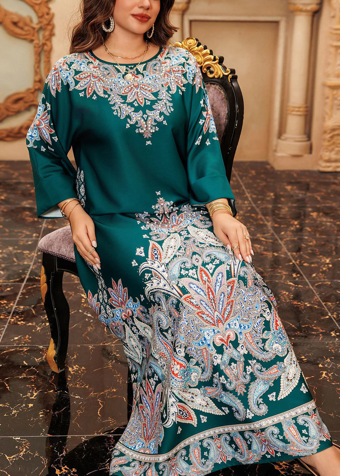 Boho Green O-Neck Print Cotton Long Dress Spring - Image 5