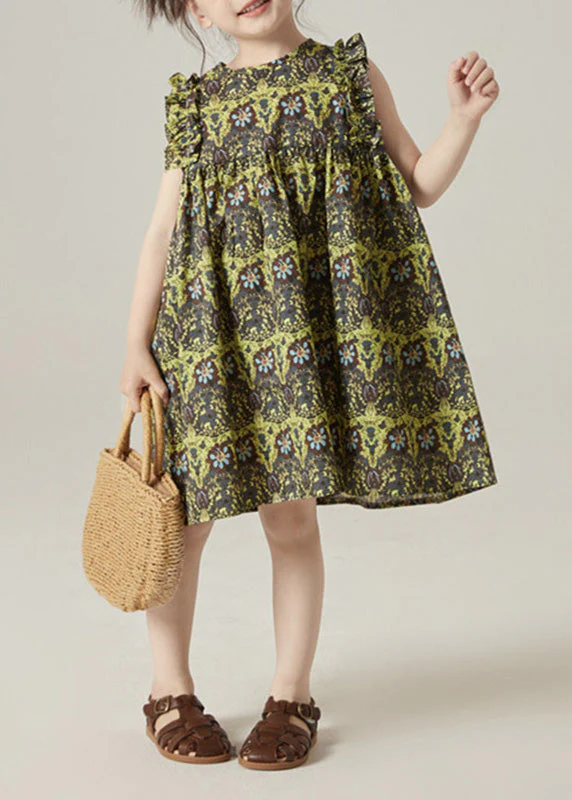 Boho Green O-Neck Print Ruffled Wrinkled Cotton Girls Mid Dress Sleeveless - Image 2