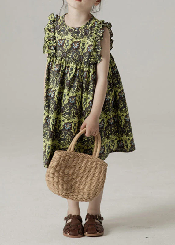 Boho Green O-Neck Print Ruffled Wrinkled Cotton Girls Mid Dress Sleeveless - Image 4