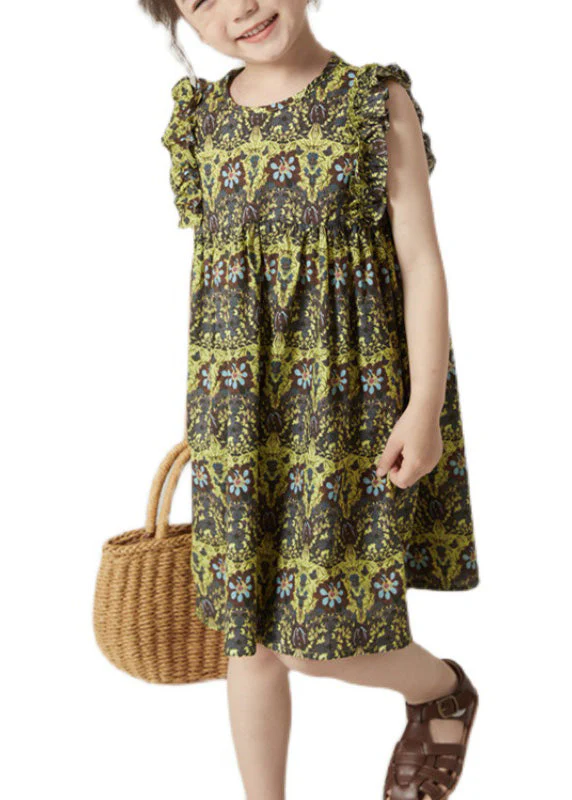 Boho Green O-Neck Print Ruffled Wrinkled Cotton Girls Mid Dress Sleeveless - Image 5