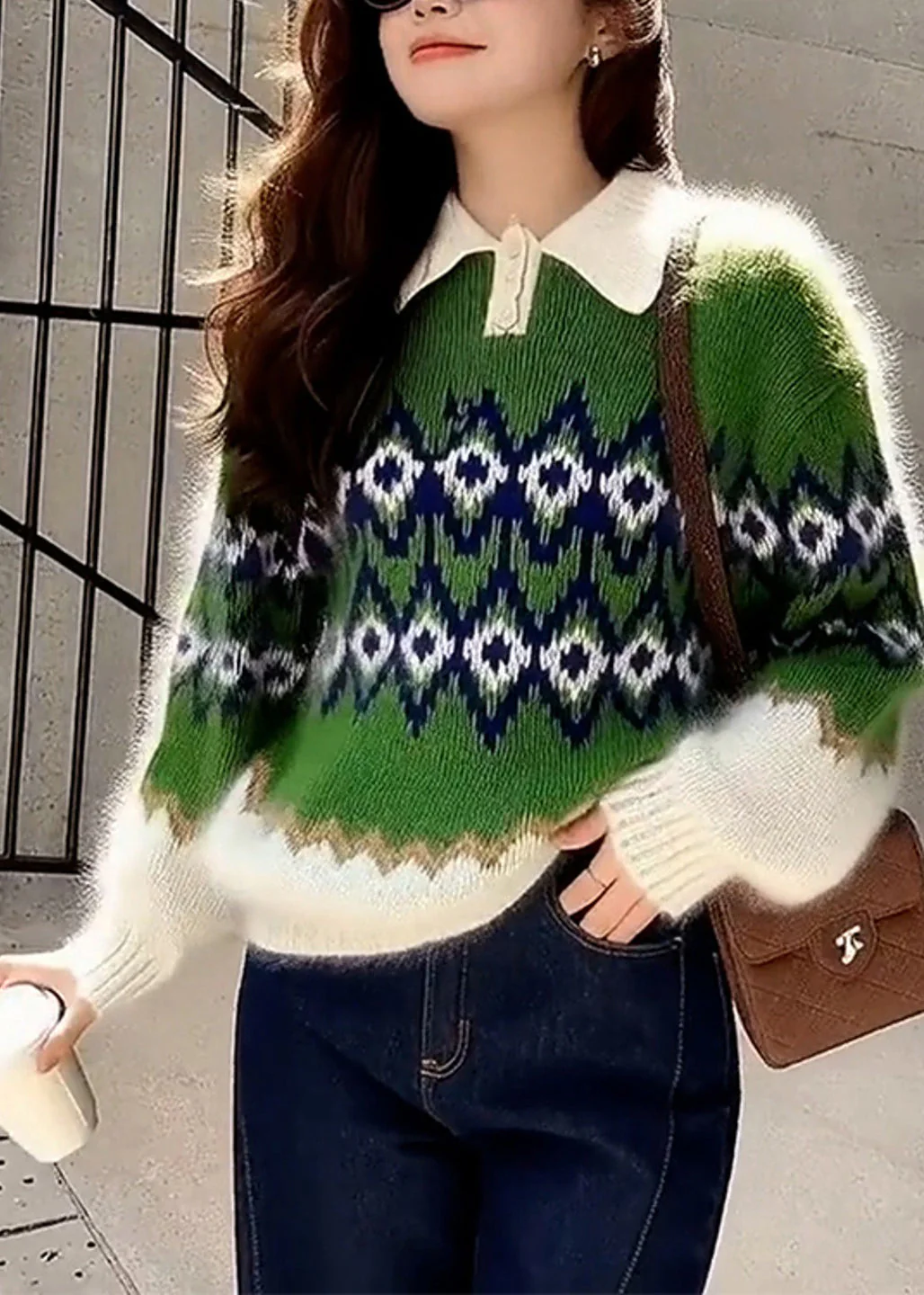 Boho Green Oversized Print Thick Knitted Tops Winter - Image 3