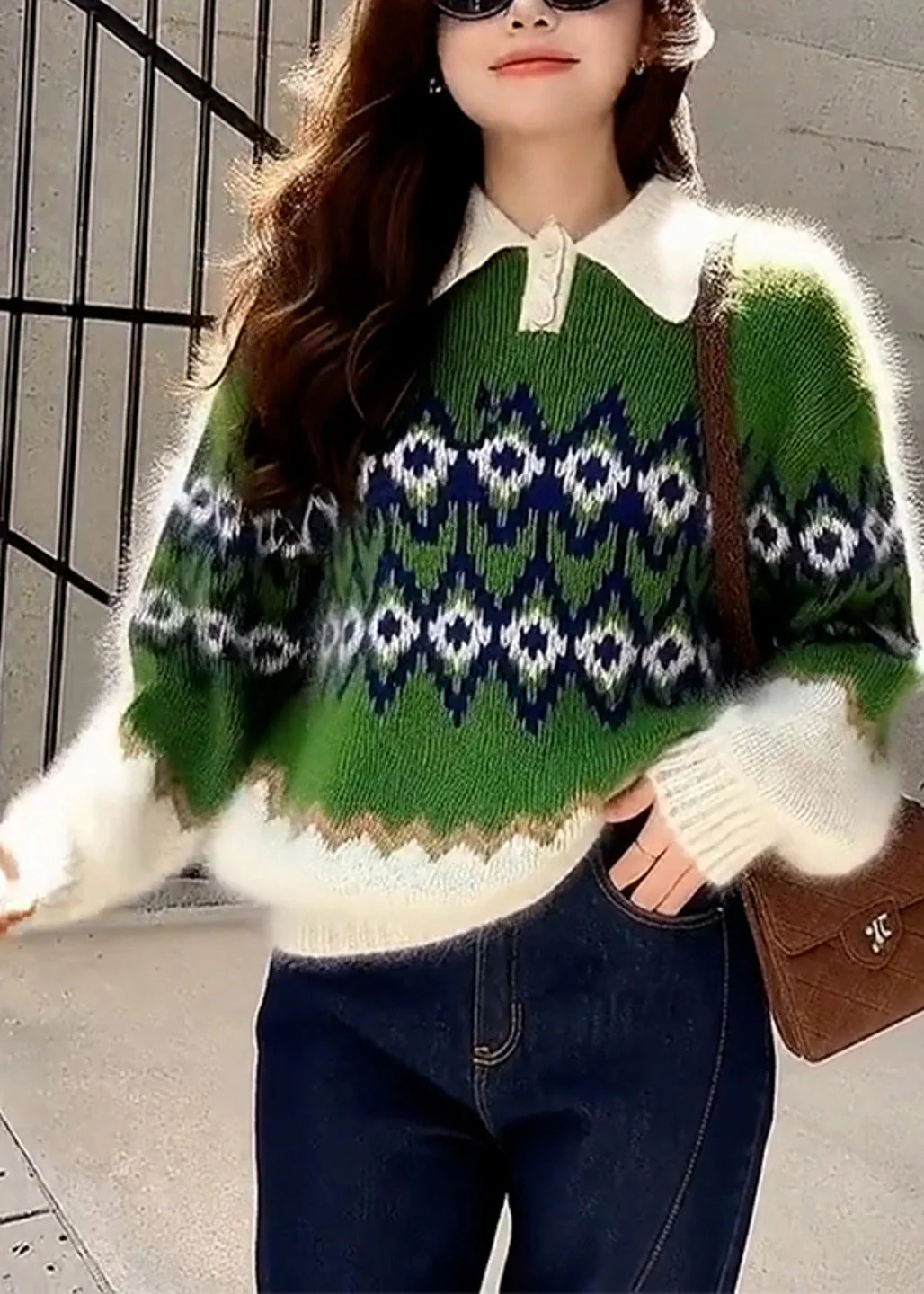 Boho Green Oversized Print Thick Knitted Tops Winter - Image 5
