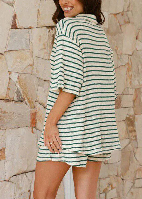 Boho Green Patchwork Shirts And Shorts Two Piece Set Summer - Image 4