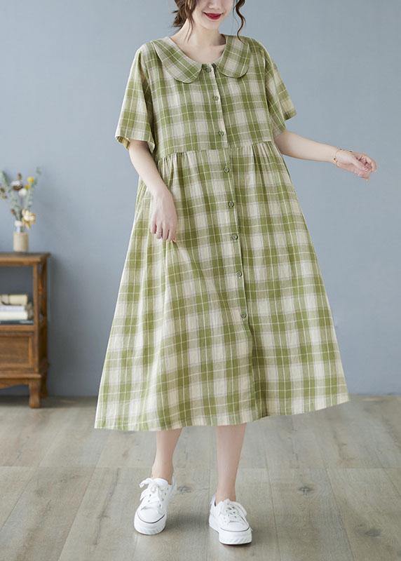 Boho Green Plaid Peter Pan Collar Button Summer Party Dress Half Sleeve