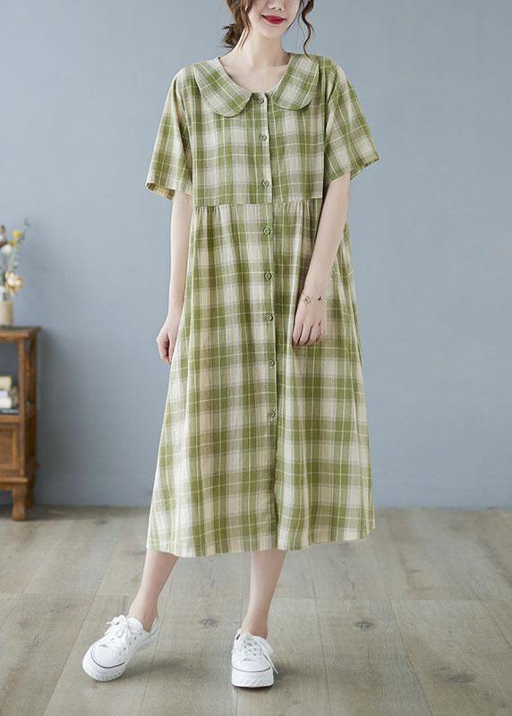 Boho Green Plaid Peter Pan Collar Button Summer Party Dress Half Sleeve - Image 2