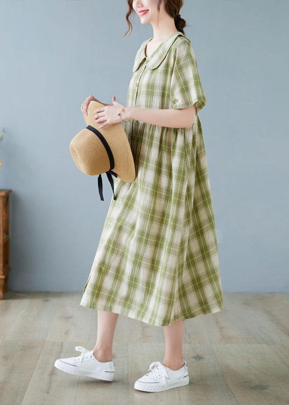 Boho Green Plaid Peter Pan Collar Button Summer Party Dress Half Sleeve - Image 3