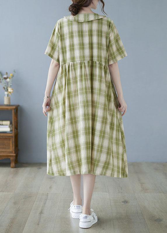 Boho Green Plaid Peter Pan Collar Button Summer Party Dress Half Sleeve - Image 4