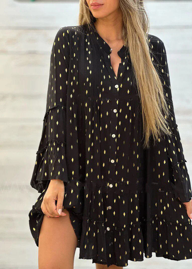 Boho Green Ruffled Patchwork Mid Dress Flare Sleeve - Image 2
