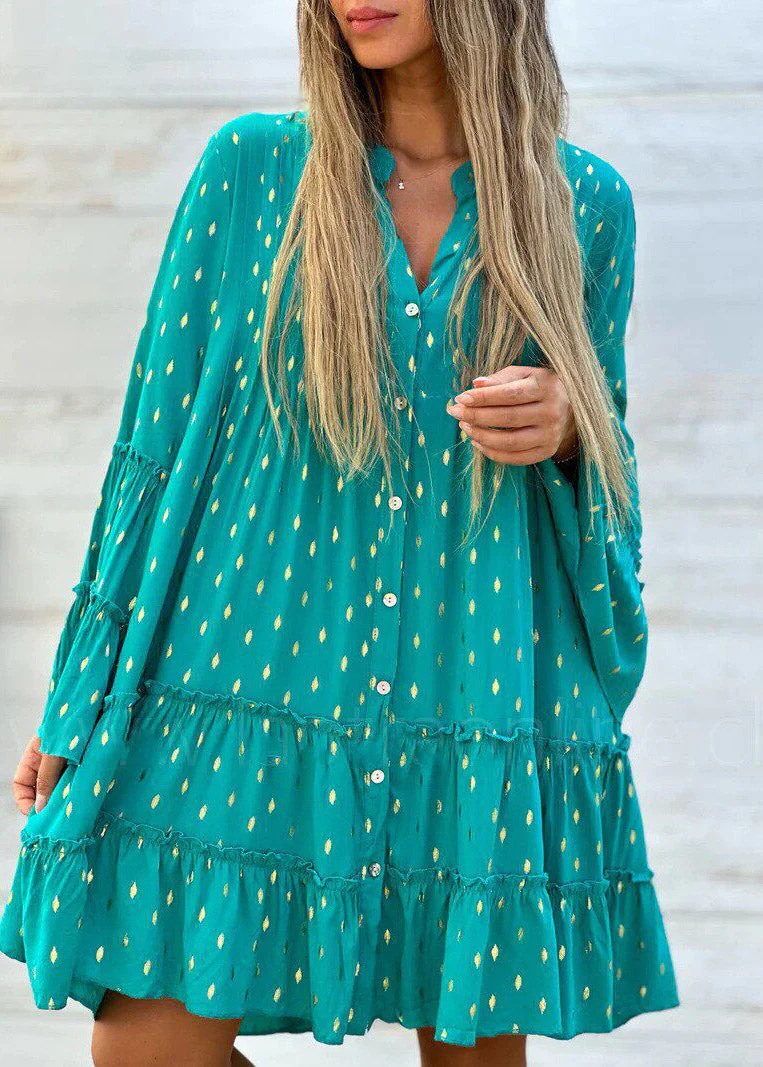 Boho Green Ruffled Patchwork Mid Dress Flare Sleeve - Image 4